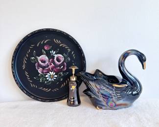 royal copeley black swan planter, vintage glass perfume atomizer, vintage black metal toleware tray