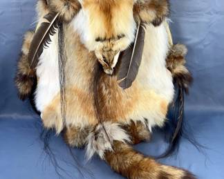 Red Fox Pelt Wall Hanging, Stretched On Hide Wrapped Frame, With Feather Accents 