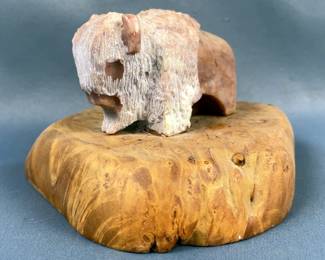 American Buffalo Stone Carving Mounted On Burl Wood Base 