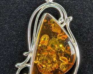 Sterling Silver And Amber Pendant With Leaf Design, 925 Silver