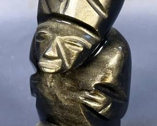 Carved Stone Figurine Of Seated Man, Believed To Be Obsidian, 4" Tall 