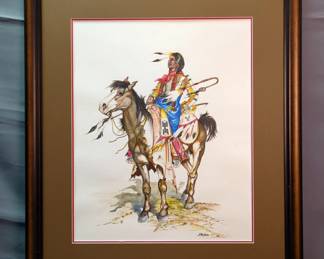 Original Mixed Media Painting Of Native American Warrior On Horseback, Signed "Hedic", Framed And Matted, 25" x 29"