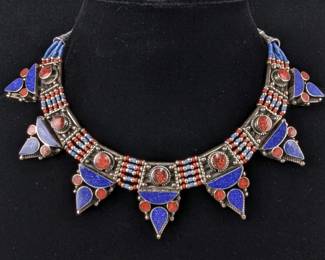 Lapis Lazuli And Red Coral Inlay And Bead Necklace, Tibetan Silver