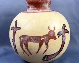 Polychrome Ceramic Pot With Deer Images And Abstract Designs, Approx 9" Tall x 9.5" Diameter 