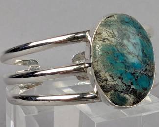 Sterling Silver And Turquoise Cabochon Bangle Bracelet, 925 Silver 
