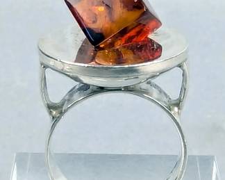 Sterling Silver And Amber Cube Ring, 925 Silver, Size 6