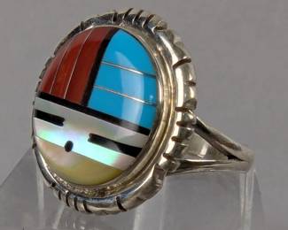 Sterling Silver, Turquoise, Red Coral, Black Onyx, Abalone Shell, And Mother Of Pearl Mosaic Ring, 925 Silver, Size 8