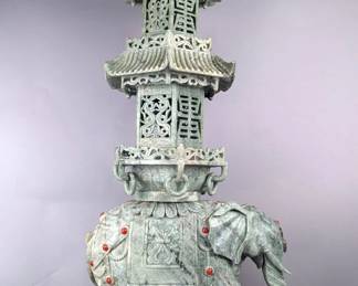 Carved Kaolinite Serpentine/New Jade Elephant And Pillar Multi-Piece Statue, 43" Tall, 93.72lbs, On Wood Base