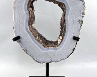 Brazilian Banded Agate Geode Portal/Slice On Metal Display Stand, 11.75" x 7.5", 3.44kg 