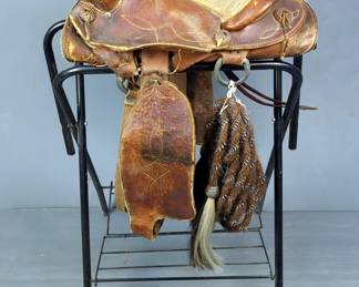 Western Leather Saddle, Leather Quirt, And Horse Mane Macate 