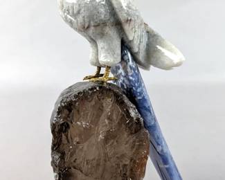 Multi Stone Parrot Sculpture, Sodalite, Rose Quartz, Quartz, Smoky Quartz, And Black Onyx, 7" Tall