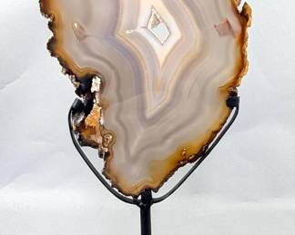 Brazilian Banded Agate Slice On Metal Display Stand, 12.5" Tall
