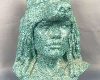 Native American In Wolf Headdress Painted Bisque Bust, 11" x 8.5" x 7"