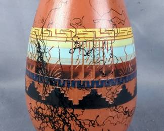 Navajo Red Clay Etched Pot, Signed Clah, Approx 6.5" Tall And 4" Diameter