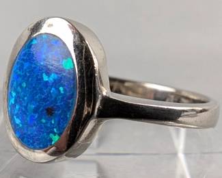Sterling Silver And Polished Blue Opal Ring, 925 Silver, Size 8