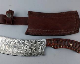 Damascus Steel Cleaver With Wood Handle, Includes Leather Sheath, 11.5"