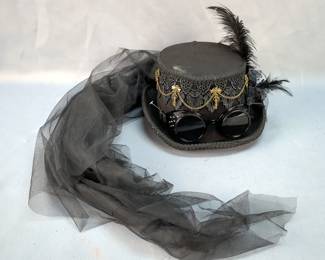 Steampunk Top Hat With Goggles, Feather Decorations, And Lace Patterns, 5" Tall x 12.25" Long x 9.75" Wide