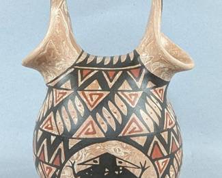 Mata Ortiz Polychrome Pottery Wedding Vase, Artist Signed "Manuel Mora", Mexico, 5.5" Tall 