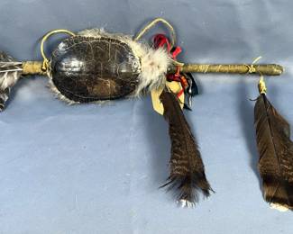 Ceremonial Turtle Shell Rattle With Coyote Fur Trim, Hide Wrapped Handle, And Feather Accents, 29"