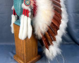 Native American Headdress Replica, On Foam Head And Pedestal Display Stand, Approx 22" x 17" x 16" 