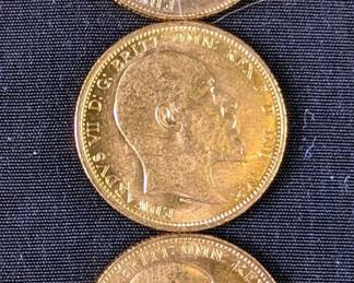 1906, 1907 And 1908 King Edward VII Gold Sovereign Coins, Fineness 916.7, Pure Gold Content 7.3224 Grams Each 