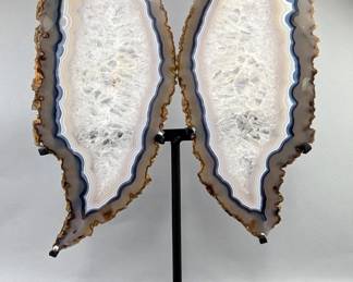 Brazilian Banded Agate Slice Wing Display On Metal Stand, 18.5" Tall
