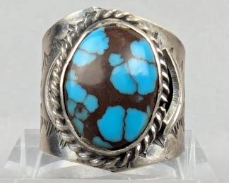  Engraved Sterling Silver And Kingman Turquoise Ring, 925 Silver, Size 10, Marked "BJA" 