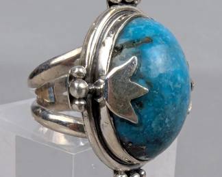 Sterling Silver And Polished Turquoise Cabochon Ring, 925 Silver, Size 7