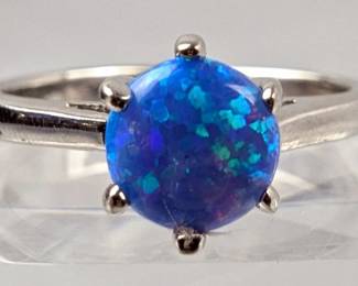 Sterling Silver And Polished Blue Opal Ring, 925 Silver, Size 8