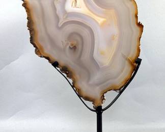 Brazilian Banded Agate Slice On Metal Display Stand, 14.25" Tall