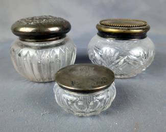 Antique Vanity Cut And Pressed Glass Jars, Each Lid Has An Engraved Monogram On Top, Smallest Jar Is Marked Sterling, Total Qty 3 Jars, Range 1.5" To 3.5" Tall