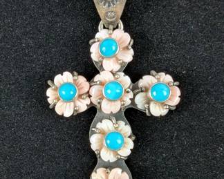 Sterling Silver And Turquoise Cross/Crucifix Pendant With Rose Quartz Flowers, 925 Silver