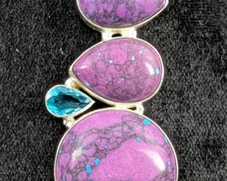Sterling Silver, Cabochon, And Light Blue Topaz And Amethyst Gemstone Pendant In Floating Display Case, 925 Silver