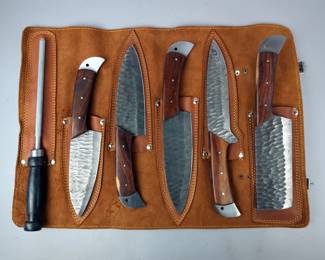 Handmade Damascus Steel Kitchen Knife Set, Wood Handle With Leather Sheath And Sharpener 