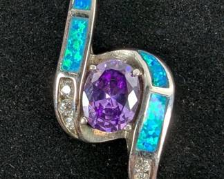 Sterling Silver, Blue Opal, And Amethyst Gemstone Pendant, 925 Silver