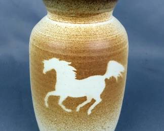  Richard Masterson Signed Pottery Vase With Horse Silhouette, Approx 6.25" Tall And 3.5" Diameter 