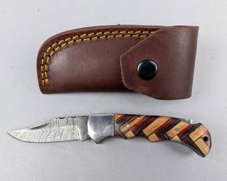 Damascus Lockback Folding Knife With Multi-Colored Wood Handle, Includes Leather Sheath, 6.5" Unfolded 