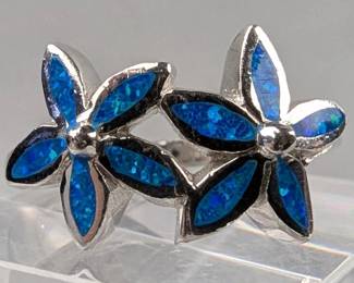 Sterling Silver And Polished Blue Opal Ring With Flower Design, 925 Silver, Size 8