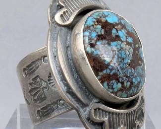 Engraved Sterling Silver And Kingman Turquoise Ring, 925 Silver, Size 8