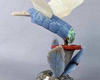 Multi Stone Hummingbird Sculpture And Flower On Pyrite Mineral Specimen, 5" Tall