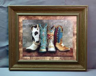 Cowboy Boots Artwork With Glitter Accents, Print On Board, Framed, 15.5" x 18.5"