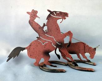 Metal Cowboy And Steer Sculpture On Horseshoe Base