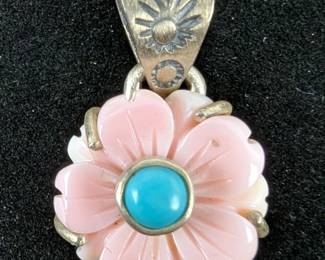 Sterling Silver And Turquoise Pendant With Rose Quartz Flowers, 925 Silver