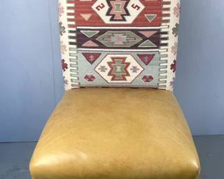 Kilim Back Leather Chair With Decorative Wood Legs 
