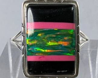 Sterling Silver And Green Balloon Opal Mosaic Ring, 925 Silver, Size 9