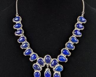 Polished Lapis Lazuli Squash Blossom Cabochon Necklace, 22 Stones
