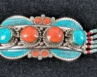 Tibetan Silver, Turquoise, And Red Coral Bracelet, 7.5"