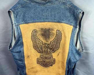 Biker Blues Harley Davidson Denim Vest With Embossed Leather Back, Size XL