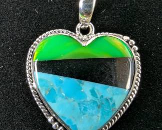 Sterling Silver, Galaxy Opal, Turquoise, And Black Onyx Mosaic Pendant, 925 Silver 