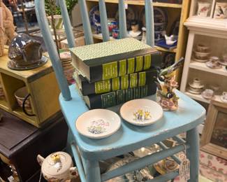 decorative books, vintage blue chair